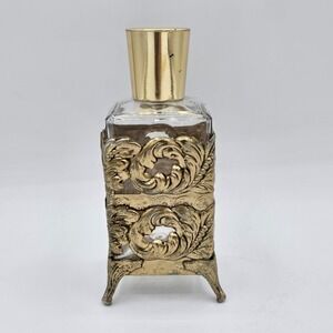 Vintage Ornate Glass Perfume Bottle Gold Tone‎ Metal Wrapped Collectible Bottle